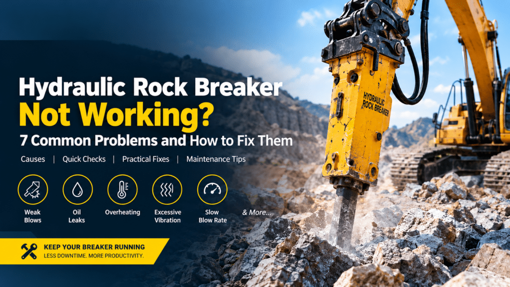 Hydraulic rock breaker operating on an excavator in a quarry, showing common hydraulic breaker problems, troubleshooting checks, and maintenance tips.