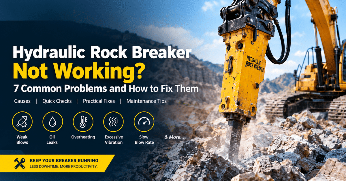 Hydraulic rock breaker operating on an excavator in a quarry, showing common hydraulic breaker problems, troubleshooting checks, and maintenance tips.