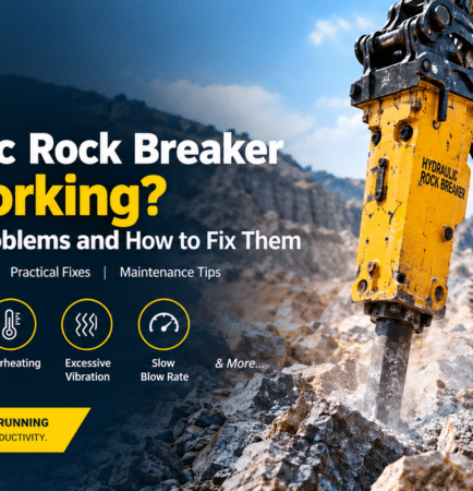 Hydraulic rock breaker operating on an excavator in a quarry, showing common hydraulic breaker problems, troubleshooting checks, and maintenance tips.